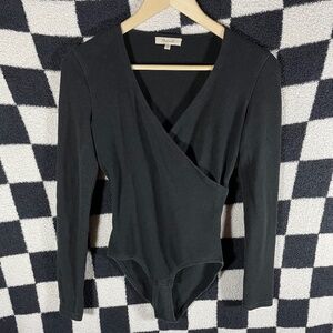 Madewell Wrap Bodysuit Women's Size Small Black Long Sleeve Top